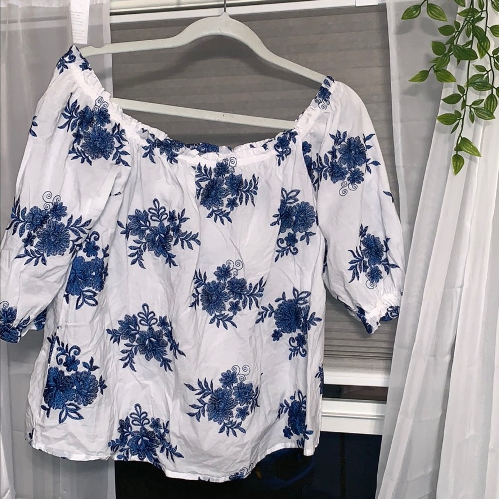 White and Blue floral off the shoulder blouse